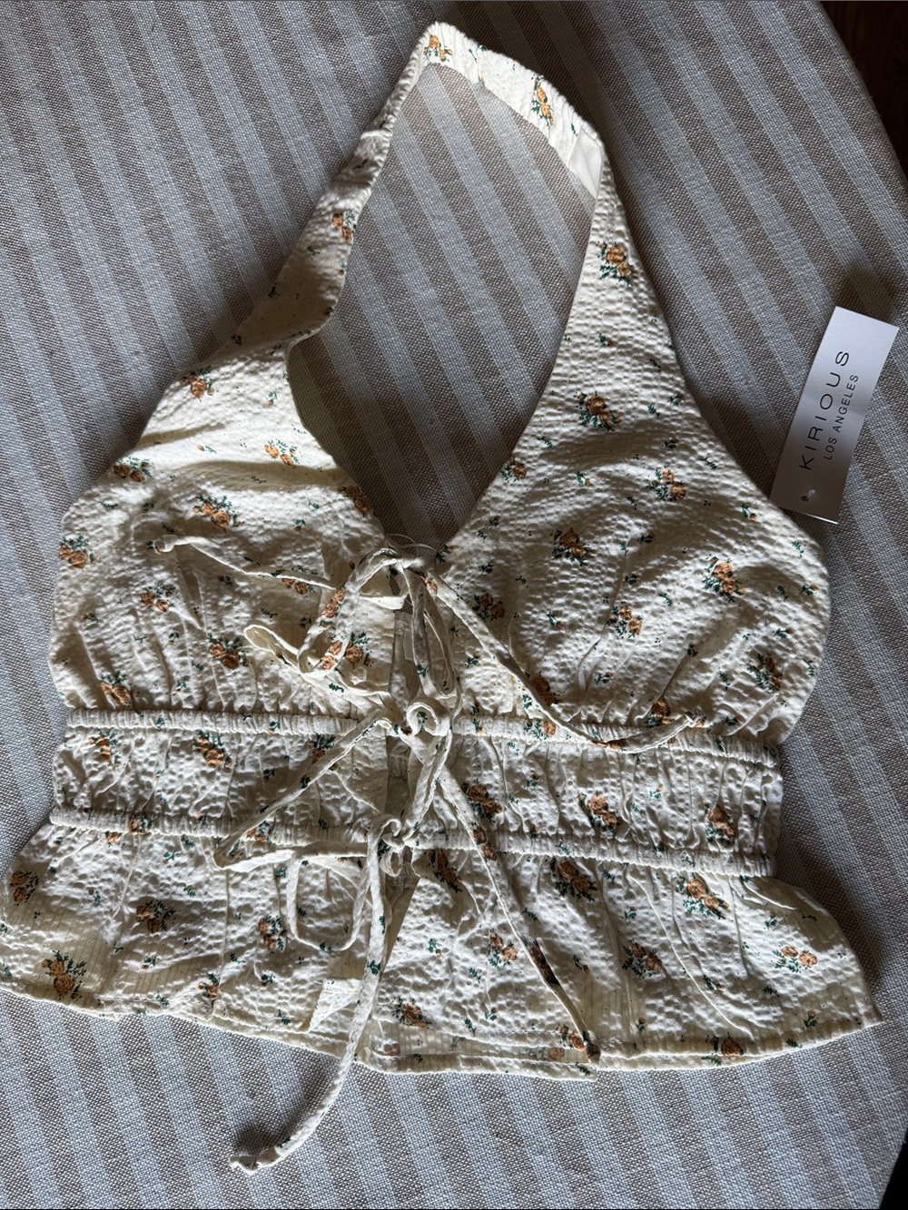 Kurious Cream Floral Halter Tie-Front Crop Top